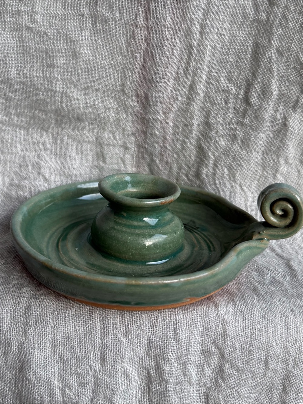 Source Unknown Green Glazed Ceramic Chamber Candle Holder
